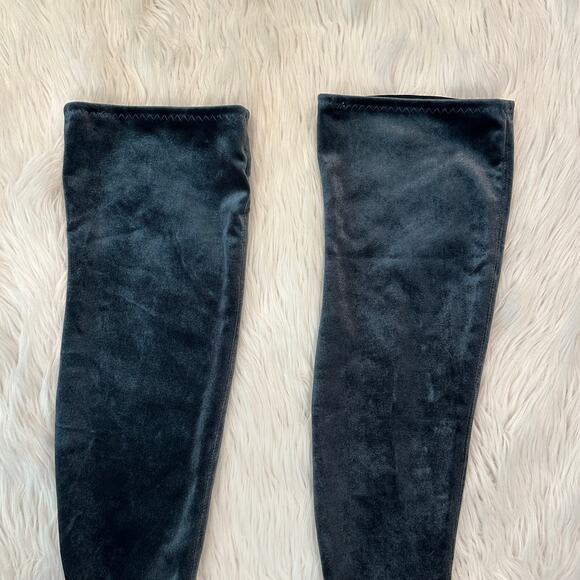 ZARA Over the Knee Boots Stretch Velvet Pointed Toe Block High Heel Blue/ Gray - Picture 8 of 15